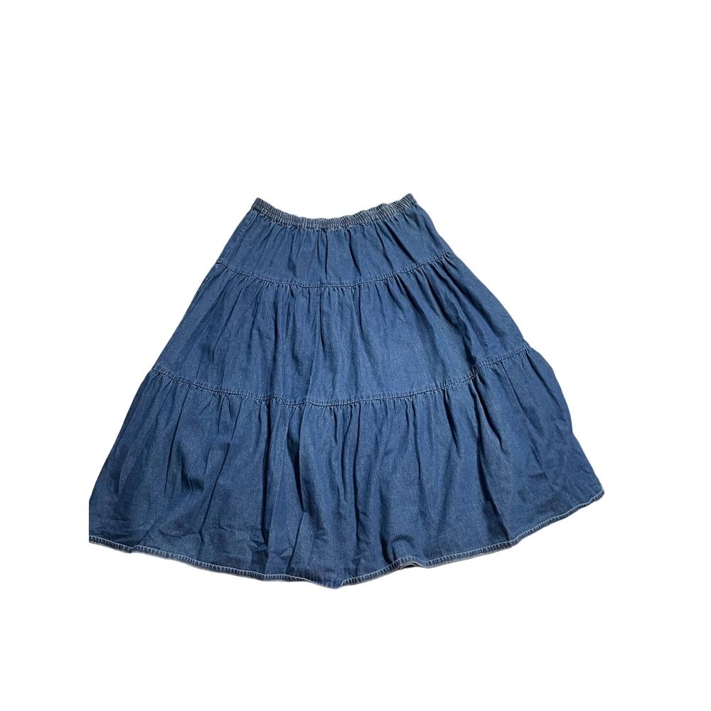 VTG Phool Denim Tiered Tea Length Skirt Women's Medium Jean Blue Modest Academia